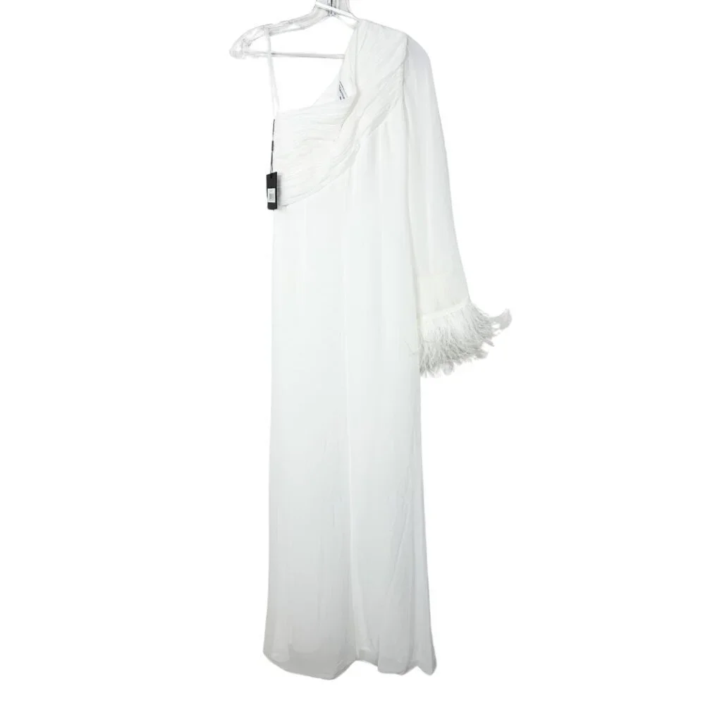 NWT Mac Duggal Feather Cuff One Shoulder Ruched Gown White 4 - Picture 6 of 9